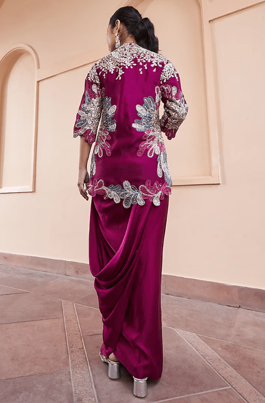 Sangria Plum Mulberry Silk Zardosi Embroidered Jacket Set - Image 2