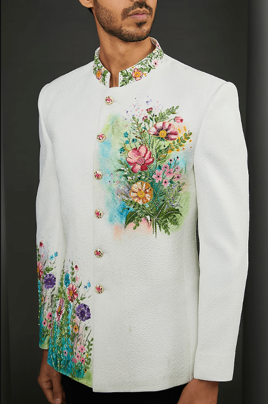 White Pebble Crepe Floral Hand Painted Bandhgala Set - Image 3