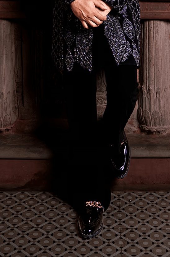 Black Lycra Embroidery Jodhpuri Sherwani Set - Image 3