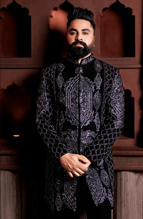 Black Lycra Embroidery Jodhpuri Sherwani Set - Image 4