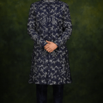 Navy Raw Silk Embroidered Sherwani Set