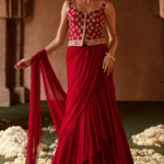Burnt Red Cupro Silk Paisley Embroidered Draped Saree Set