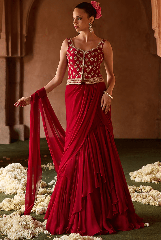 Burnt Red Cupro Silk Paisley Embroidered Draped Saree Set