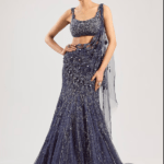 Violet Net Hand Embroidered Draped Lehenga Set