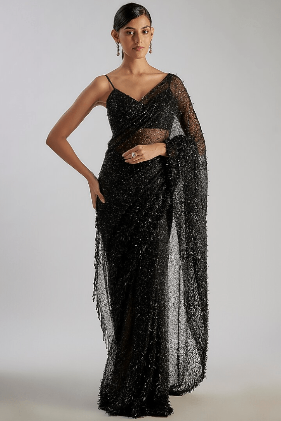 Black Tulle Embroidered Saree Set