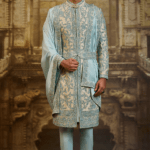 Aqua Blue Tissue Brocade Dabka Embroidered Sherwani Set