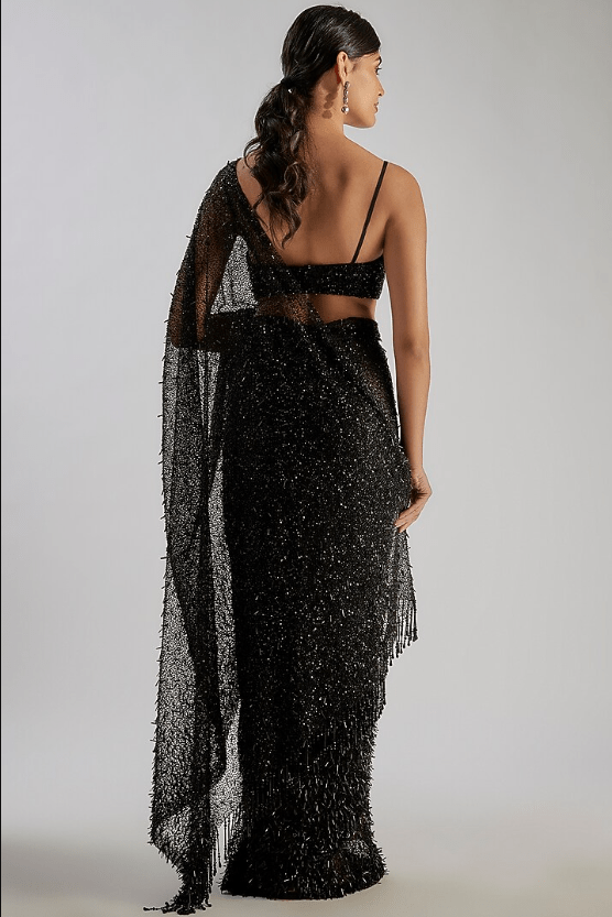 Black Tulle Embroidered Saree Set - Image 2