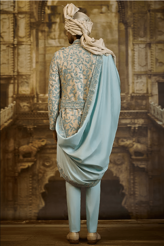 Aqua Blue Tissue Brocade Dabka Embroidered Sherwani Set - Image 2