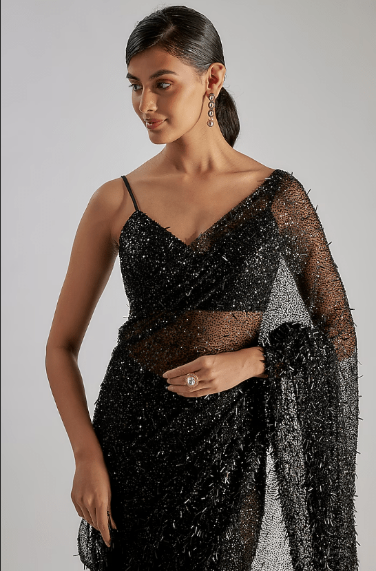 Black Tulle Embroidered Saree Set - Image 3