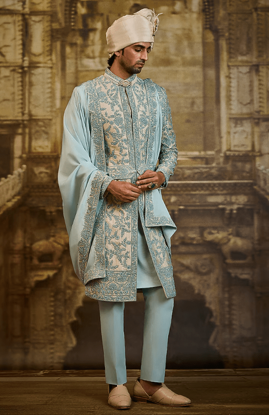 Aqua Blue Tissue Brocade Dabka Embroidered Sherwani Set - Image 3