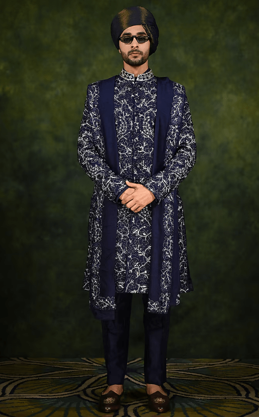 Navy Raw Silk Embroidered Sherwani Set - Image 3