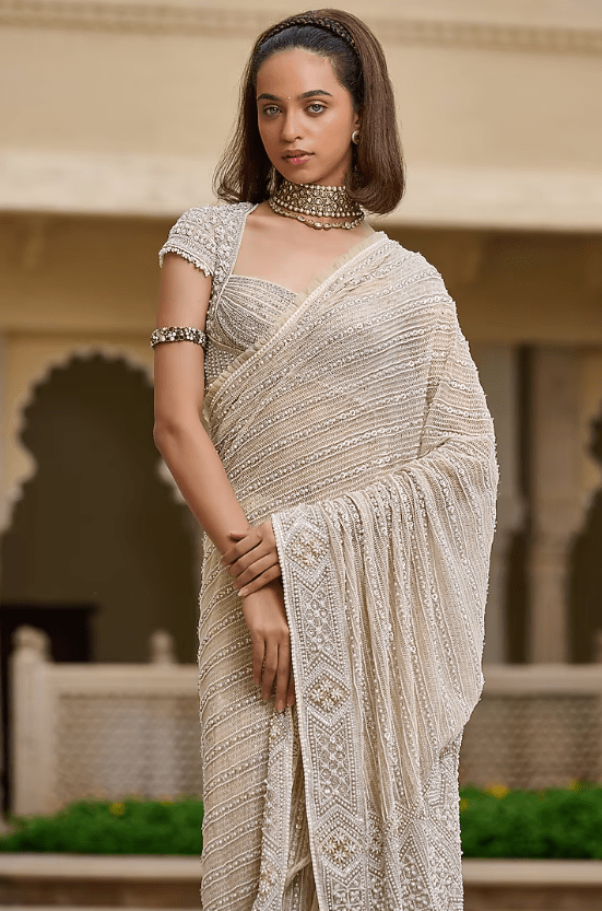 Ivory Tulle Embroidered Saree Set - Image 3
