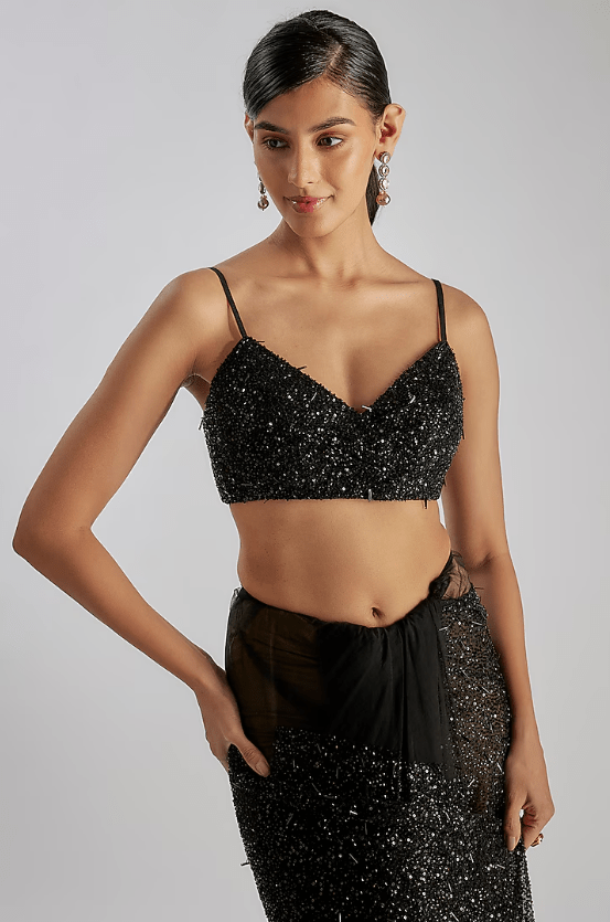 Black Tulle Embroidered Saree Set - Image 4