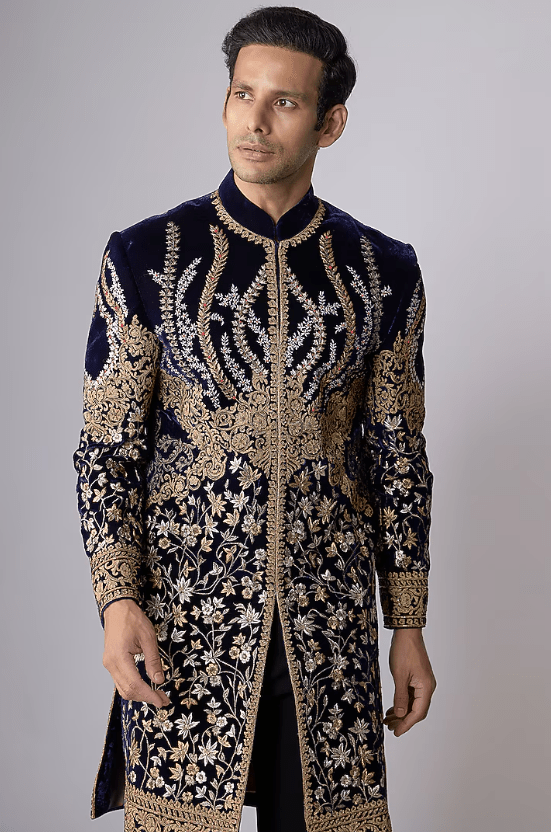 Navy Blue Velvet Sherwani - Image 3