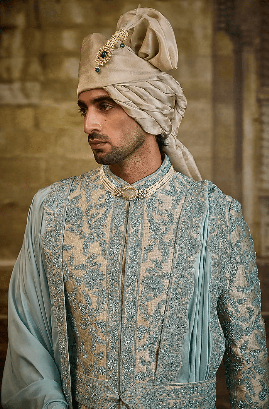 Aqua Blue Tissue Brocade Dabka Embroidered Sherwani Set - Image 4