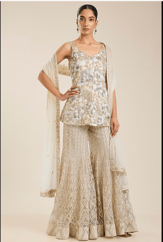 Ivory-Gold Double Georgette & Net Embroidered Sharara Set