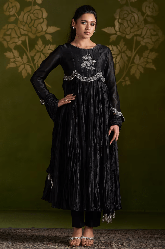 Black Crushed Silk Embroidered Anarkali Set