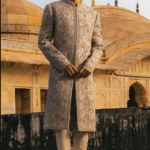 Beige Raw Silk Hand Embroidered Sherwani Set