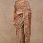 Multi-Colored Tissue Georgette Kashida Hand Embroidered Saree Set
