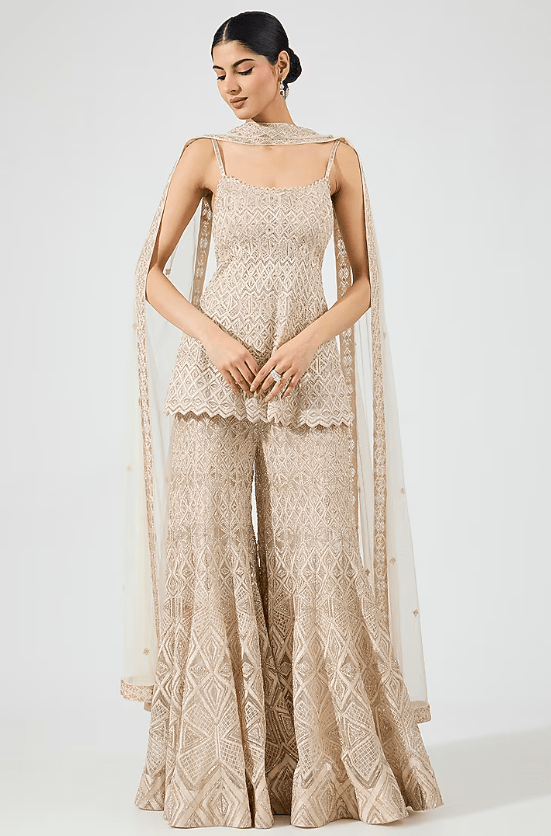 Ivory Gold Crepe Crystal Embroidered Sharara Set