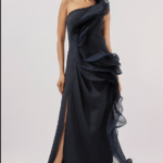 Midnight Blue Crepe One-Shoulder Ruffle Gown