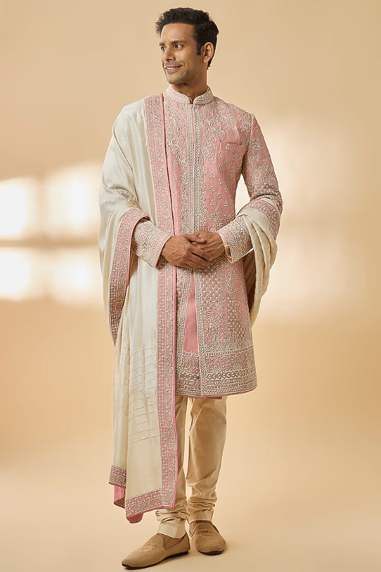 Dusty Rose Raw Silk Sherwani Set