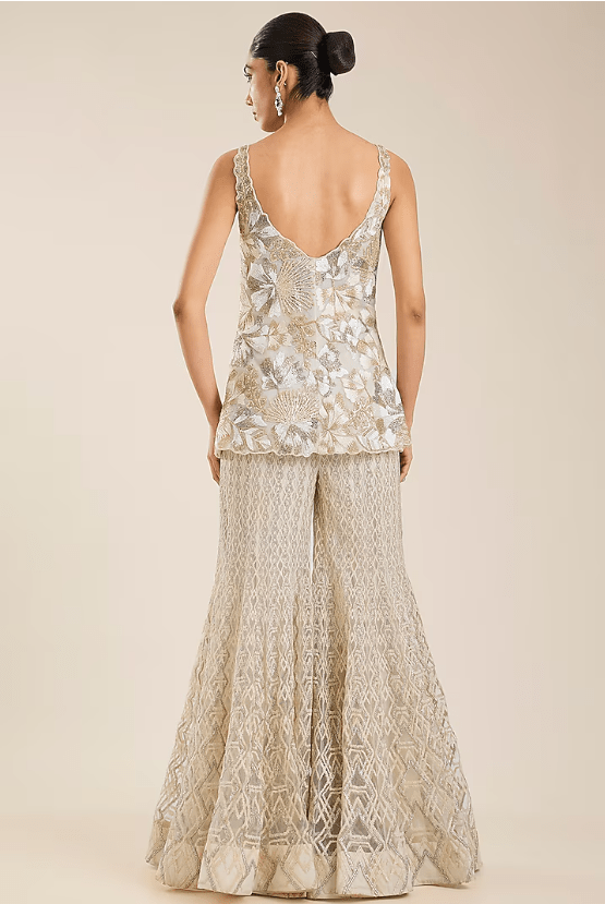 Ivory-Gold Double Georgette & Net Embroidered Sharara Set - Image 2