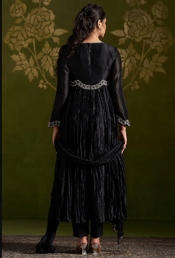 Black Crushed Silk Embroidered Anarkali Set - Image 2
