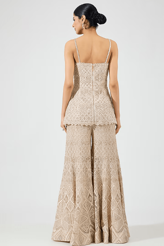 Ivory Gold Crepe Crystal Embroidered Sharara Set - Image 2