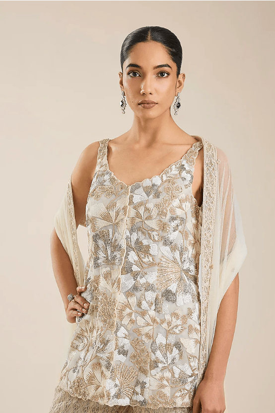 Ivory-Gold Double Georgette & Net Embroidered Sharara Set - Image 4