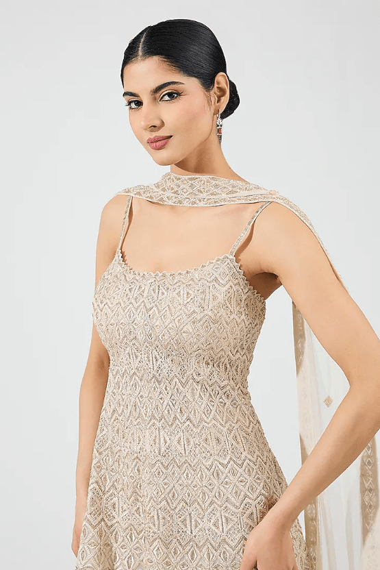 Ivory Gold Crepe Crystal Embroidered Sharara Set - Image 4