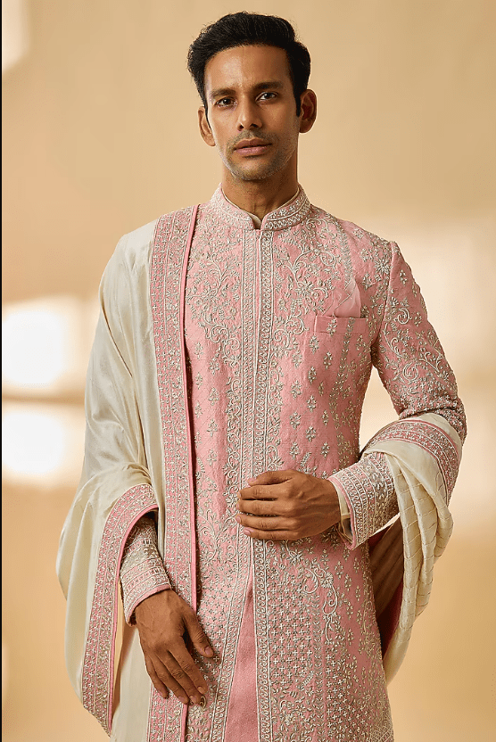Dusty Rose Raw Silk Sherwani Set - Image 4
