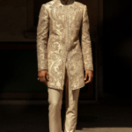 Beige Raw Silk Hand Embroidered Sherwani Set