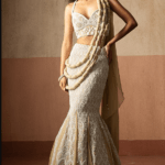 Champagne Beige Georgette Hand Embroidered Fishtail Skirt Saree Set