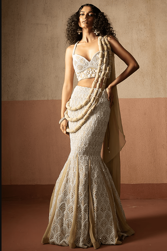 Champagne Beige Georgette Hand Embroidered Fishtail Skirt Saree Set