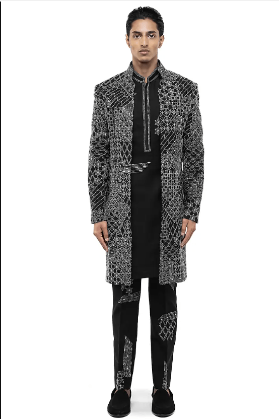 Black Linen Thread Embroidered Sherwani Set