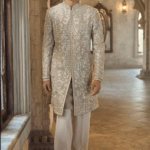 Greige Italian Crepe Zari Embroidered Sherwani Set