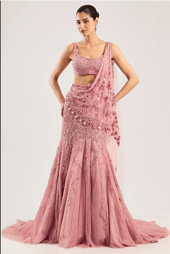 Baby Pink Net Hand Embroidered Lehenga Set