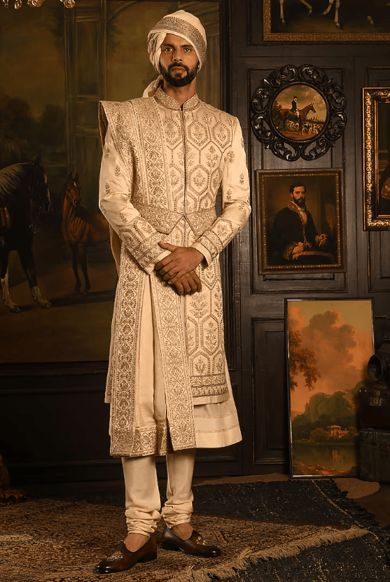 Beige Silk Zardosi Textured Embroidered Sherwani Set