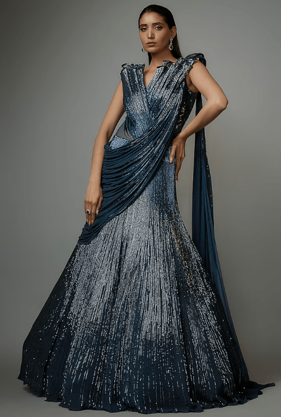 Teal Sapphire Rayon Georgette Sculpted Lehenga Saree