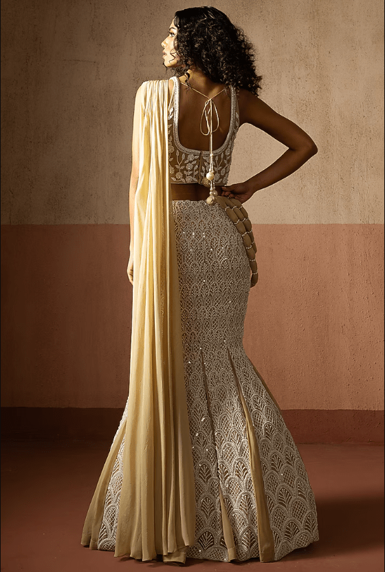 Champagne Beige Georgette Hand Embroidered Fishtail Skirt Saree Set - Image 2
