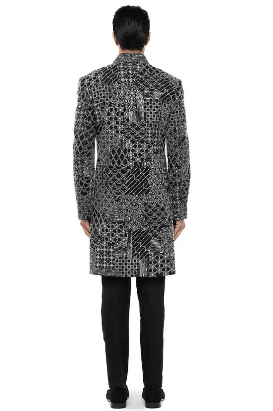 Black Linen Thread Embroidered Sherwani Set - Image 2