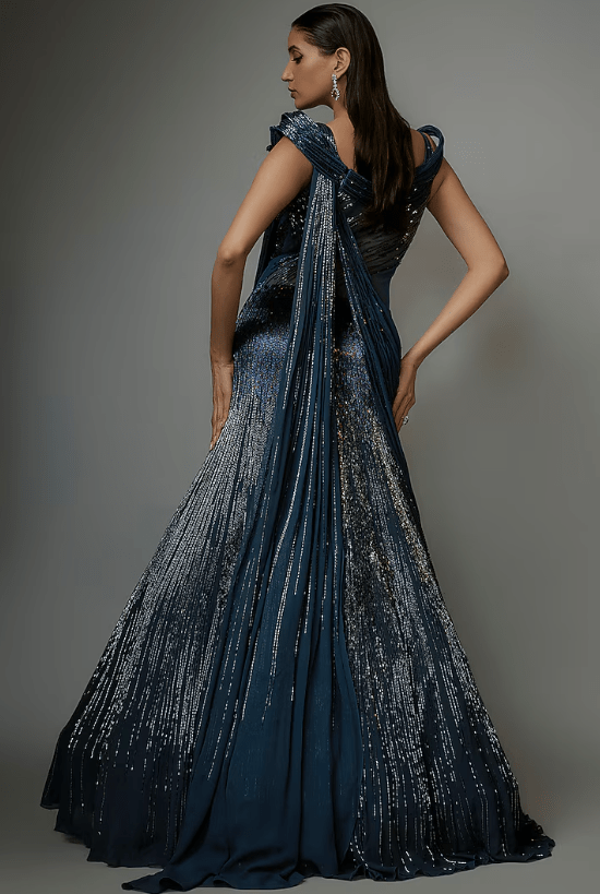Teal Sapphire Rayon Georgette Sculpted Lehenga Saree - Image 2