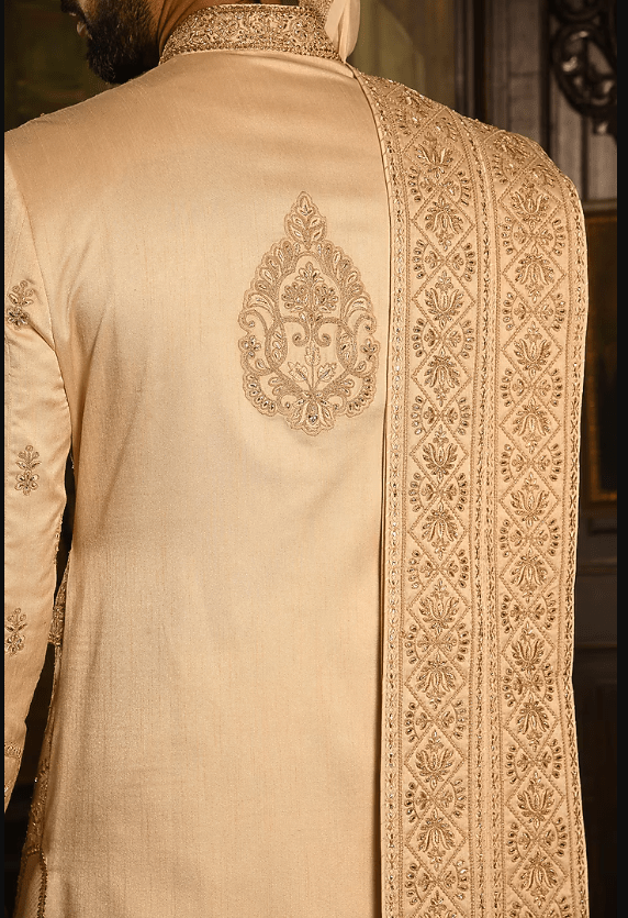 Beige Silk Zardosi Textured Embroidered Sherwani Set - Image 2