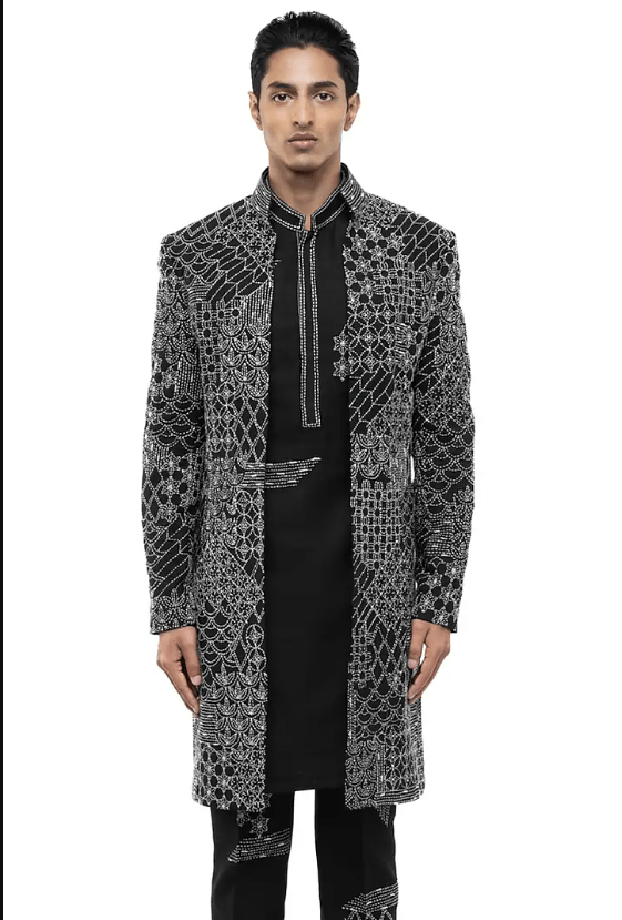 Black Linen Thread Embroidered Sherwani Set - Image 3