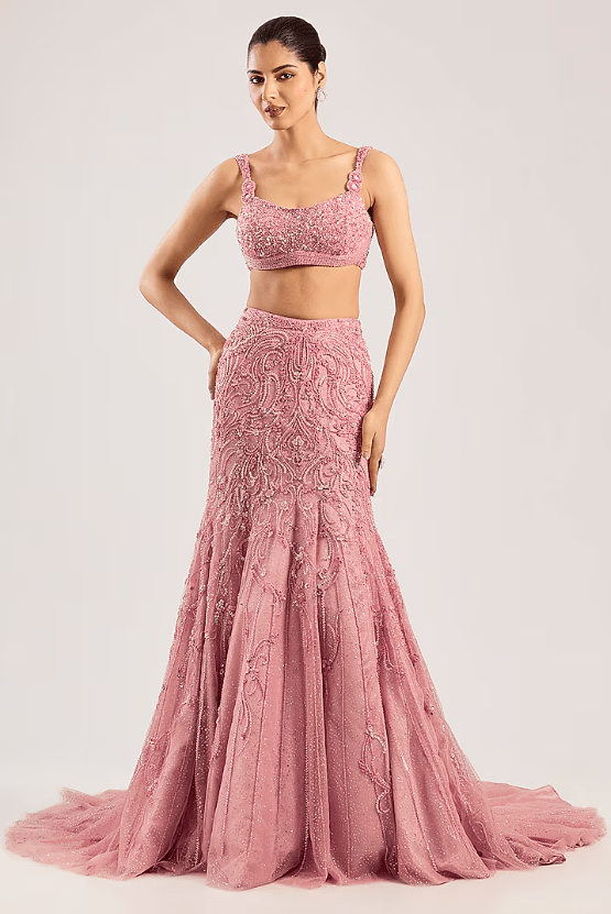 Baby Pink Net Hand Embroidered Lehenga Set - Image 3