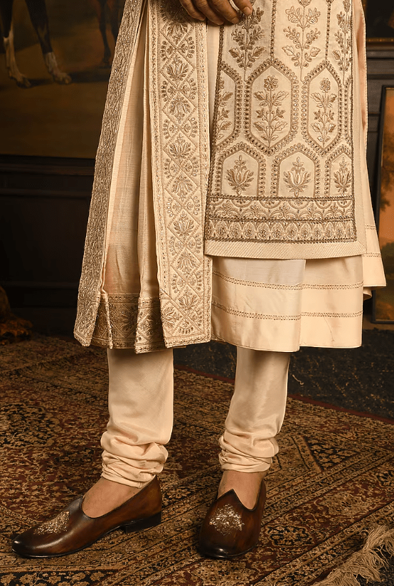 Beige Silk Zardosi Textured Embroidered Sherwani Set - Image 3