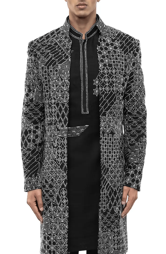 Black Linen Thread Embroidered Sherwani Set - Image 4