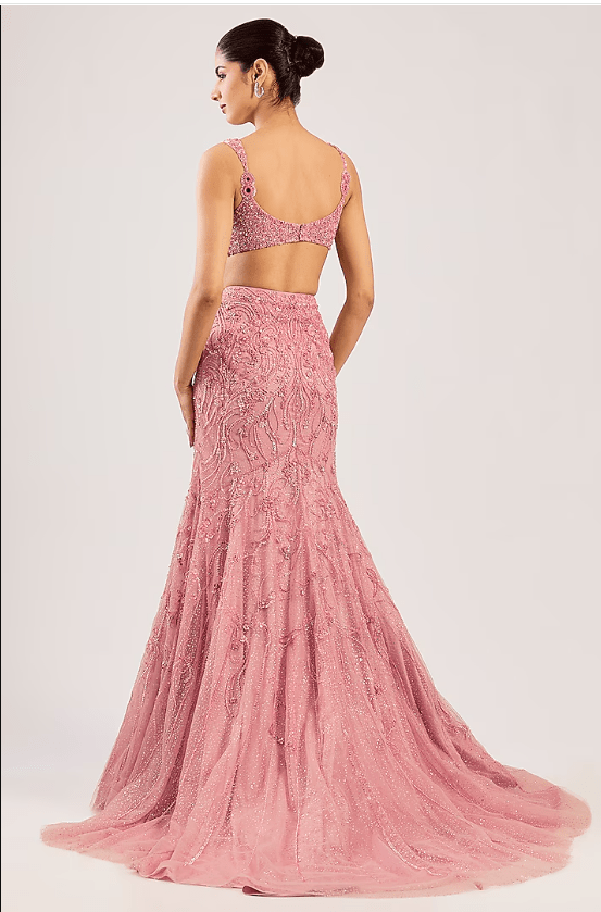 Baby Pink Net Hand Embroidered Lehenga Set - Image 4