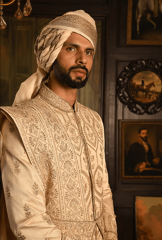 Beige Silk Zardosi Textured Embroidered Sherwani Set - Image 4